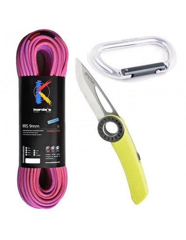 pack iris 60m 9mm + navaja spatha + mosquetón oval symmetric - korda's/petzl/fixe